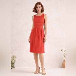 Anthropologie Retro Ribbon Stripe Midi Dress Coral Pink Pleated Pockets S